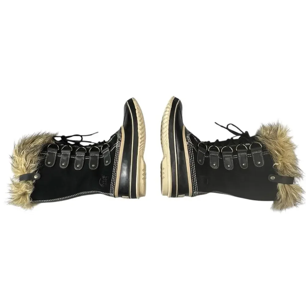 Sorel Joan of Arctic Waterproof Boots 8 Black Quarry Suede Faux Fur Lace Up Snow